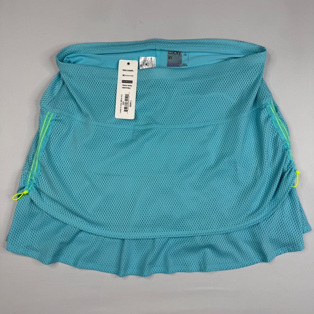 Lucky in Love Tennis Skirt Women Large Sky Blue Mesh Ruffle Performance NWT